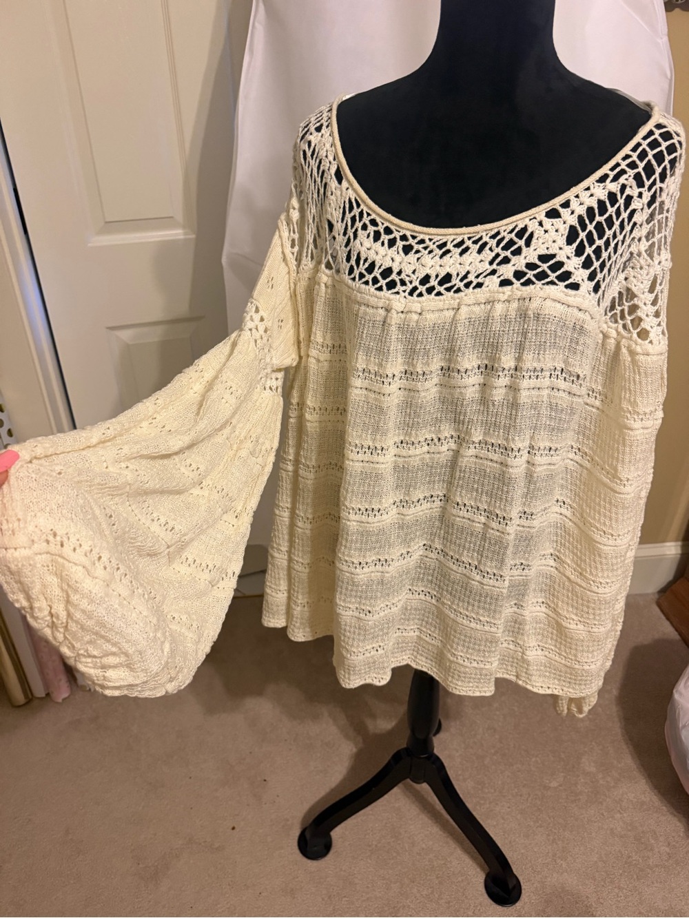 Free People Cream Crochet Off-Shoulder Bell Sleeve Tunic